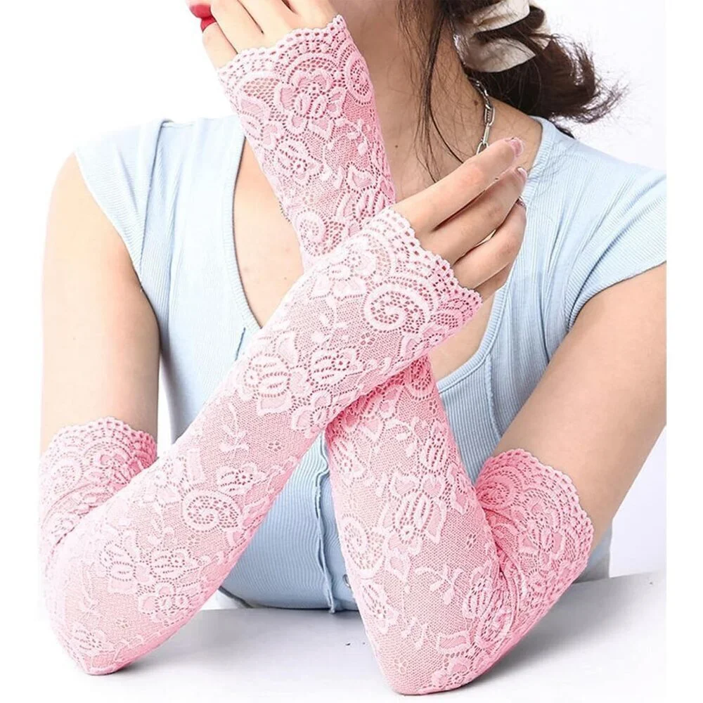 Women's 1 Pink Fingerless Lace Arm Sleeves Gloves Wedding Dress Party Prom